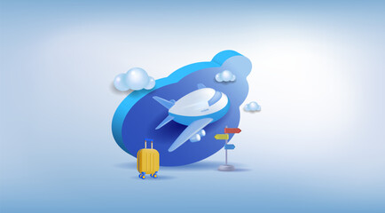 A minimalistic cartoon airplane. The concept of travel,
tourism, vacation planning, ticket booking
and passenger service. 3d vector illustration.
