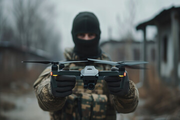 An anonymous soldier in a balaclava operating a tactical fpv drone, a scene emblematic of covert operations, ideal for use in context with secret military missions or intelligence-gathering efforts in