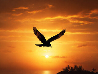Fototapeta na wymiar flight of radiance: bird silhouette in golden sunset
