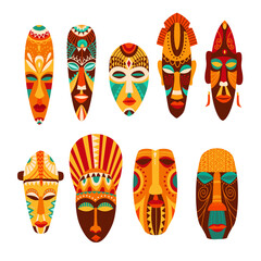Set of tribal african masks. African culture. African totems.Isolated on white. Hand drawn vector illustration. 