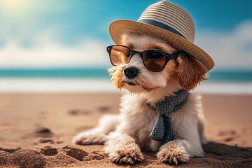 Cute havanese puppy dog with a straw hat and sunglasses lying on the sand of a beach with copy space, summer travel with a pet concept, generative AI - 723730458