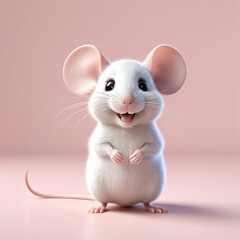 3D rendering of an adorable kawaii furry smiling standing mice or mouse looking very happy for joy. pastel color background.