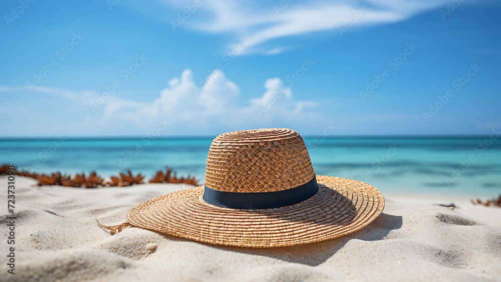 Wall mural straw hat on the beach. beach holiday concept. - Wall murals