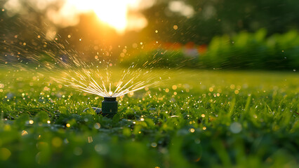 Automatic sprinkler system watering grass on green grass background.