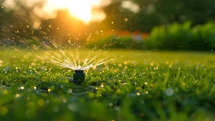 Fotobehang Automatic sprinkler system watering grass on green grass background. © Art.disini