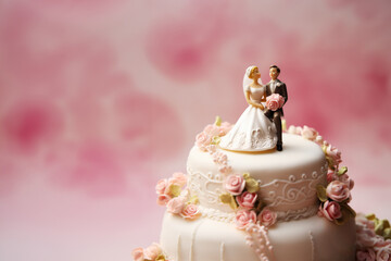 Wedding cake with a figurine of a couple of a bride and a groom, panoramic web banner with copy space, pink bokeh background
