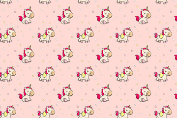 cute happy unicorn on pink isolated background for girls with stars seamless endless pattern vector illustration
