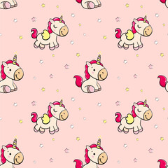 cute happy unicorn on pink isolated background for girls with stars seamless endless pattern vector illustration
