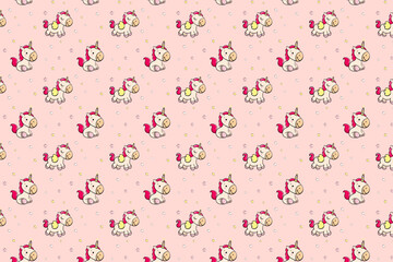 cute happy unicorn on pink isolated background for girls with stars seamless endless pattern vector illustration