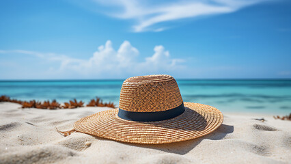 Straw hat on the beach. Beach holiday concept. - obrazy, fototapety, plakaty