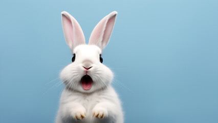 Obraz premium A white cute rabbit smiling on a blue background.
