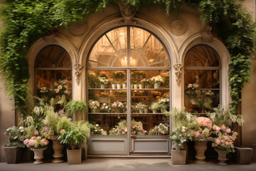 Fototapeta na wymiar Romantic flower shop window with arches windows
