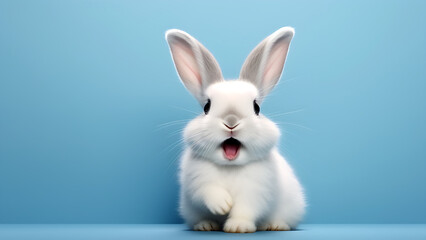 Obraz premium A white cute rabbit smiling on a blue background.