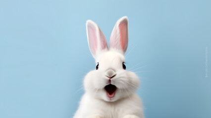Obraz premium A white cute rabbit smiling on a blue background.