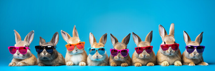 Row of cute bunnies wearing colorful sunglasses, funny animal, fun and cool pet Easter panoramic web banner - obrazy, fototapety, plakaty
