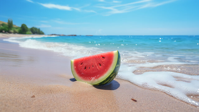 Watermelon on sandy beach, beautiful sea background.