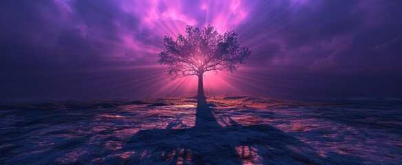 Dramatic Ash Wednesday Banner with Lone Tree and Cross. Conceptual Ash Wednesday image with a tree's shadow casting an ash cross on the ground, surreal purple sky