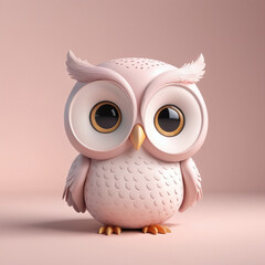 Cartoon plastic brown cute standing owl with big eyes isolated on pastel color background, 3d render illustration