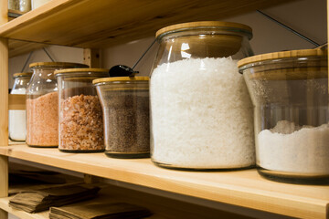 Self service bulk organic food. Eco-friendly zero waste shop. Small local business. Persian blue salt, salt maldon and himalayan pink salt