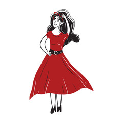 Beautiful woman girl with long curly black hair is standing and holding sunglasses on the head is wearing trendy red dress with black belt. Hand drawn vector doodle flat cartoon illustration.