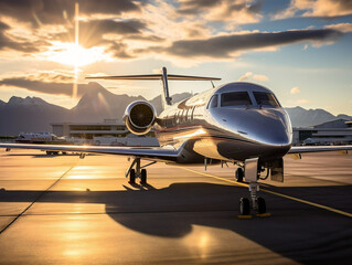A luxurious private jet with open doors ready to depart under blue skies on sunny day.