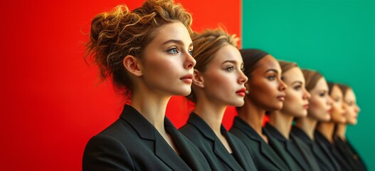 Female Models in Black Suits and Red Backgrounds Generative AI