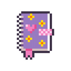 Cute purple diary for girls isolated on white background. Notebook with pink bookmark. Daily planner 8-bit icon. Game item. Vector pixel art illustration in y2k, 2000s, 1990s style.