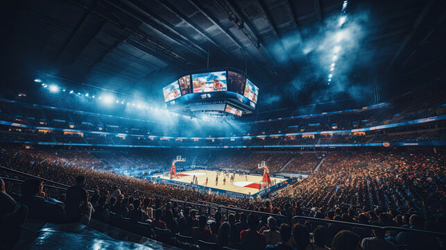 Huge Arena with Spectators Watching National Basketball Tournament