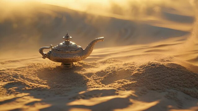 The intricately designed lamp begins to shake and rattle, causing the surrounding sand to stir, as the djinn begins to emerge, its form gradually taking shape before your Fantasy animation