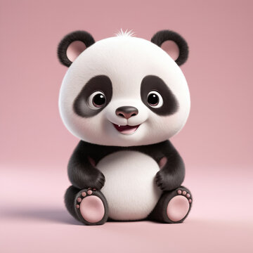 Cute adorable baby panda cub sitting, 3D Render illustration on isolated pastel color background