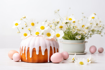 Easter cake and eggs, kulich,bread background. Happy Easter card