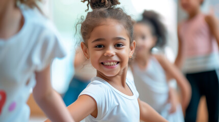 Smiling young girl in dance class with peers, enjoying choreography lesson. - obrazy, fototapety, plakaty