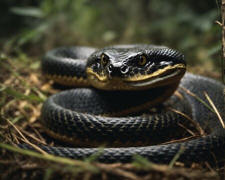 A coiled cobra, poised to strike, glares menacingly at its prey with its hypnotic, unblinking eyes.