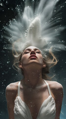 Obraz premium Ethereal woman in white, hair and powder erupting upwards, embodying freedom and sensuality in an artistic, elegant portrait. 