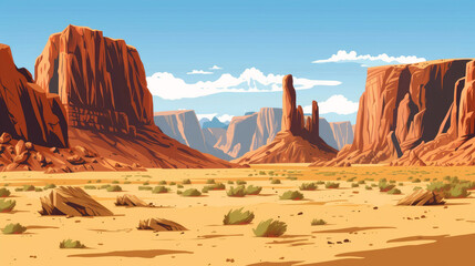 Background view in the desert, barren rocky cliffs, cartoon illustration