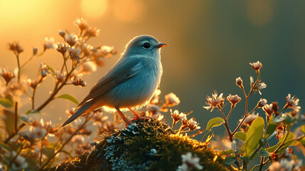 sfondo o wallpaper di uccellino su un ramo con luce calda del sole ed effetti bokeh, senso di pace e calma, dolcezza infinita, 