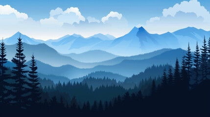 Fototapeta na wymiar Serene Mountain Scenery Depicted in a Flat 2D Illustration