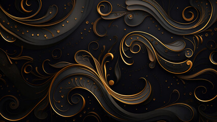 An elegant abstract dark background is adorned with swirling golden waves and ornate curves