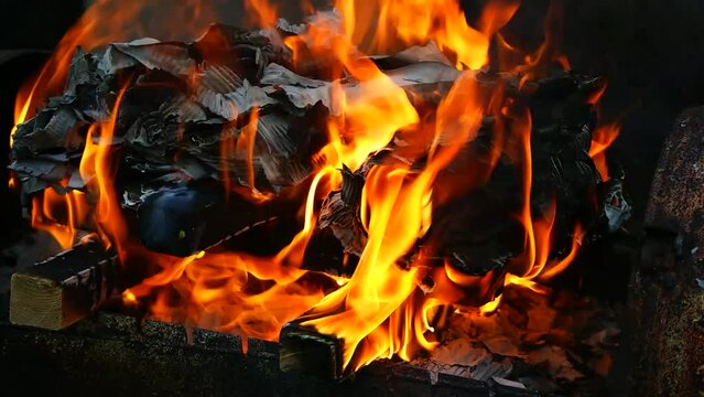 burning wood and paper. firewood is burning. tongues of flame. orange flame. bonfire. wood-fired cooking. firewood is burning for cooking barbecue