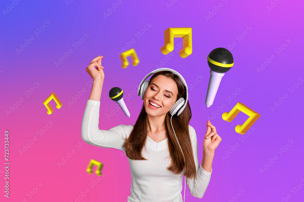 Canvas Prints 3d photo artwork graphics collage painting of dreamy happy lady listening music headphones isolated pink violet purple color background