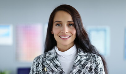 Smiling business woman in fashion jacket office. Well-developed intuition. Consider all possible...