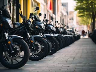 A lineup of motorcycles parked meticulously in a row, standing side by side in harmony.