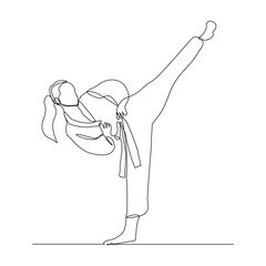 Continuous single line sketch drawing of young woman confident karateka in kimono practicing karate kick combat. One line traditional martial art sport training concept Vector illustration