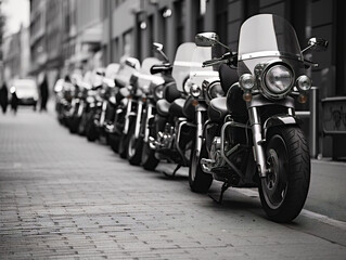 Neatly parked row of motorcycles in various colors and models, ready for an exciting ride.