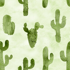 Seamless watercolour digital cactus pattern on paper texture. Botanical cacti background,Seamless pattern with high quality digital painted watercolour cactus plants and Pastel colours