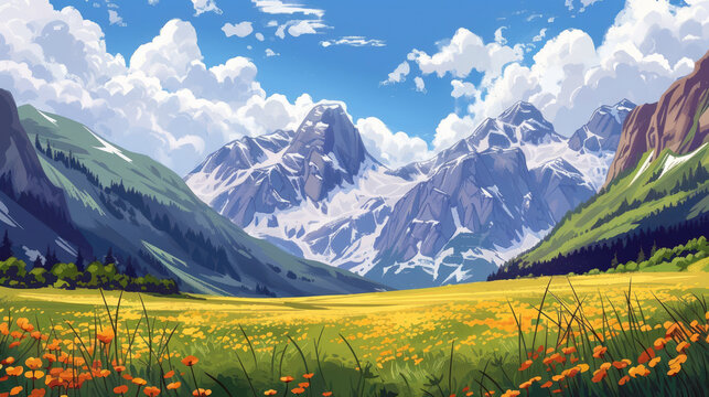 Background illustration of beautiful meadows and flowers during the day, anime background