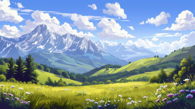 Gaze Upon a Green Meadow Cartoon Panorama, A Clear Day with Towering Trees