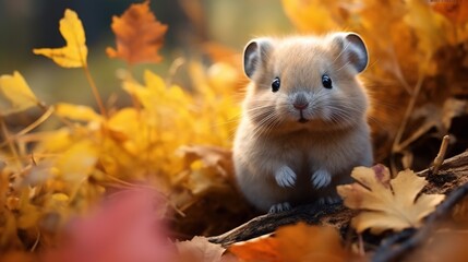 An adorable fluffy pika nestled amidst vibrant autumn foliage with a grassy mound nearby, captured in a realistic photographic style