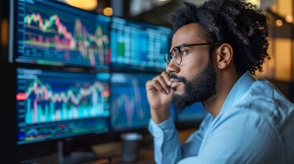 A side view of a trader analyst at the desktop, analyzing financial chart, stock quotes, share prices, trading online, checking data on cryptocurrency graph on computer screen, making notes - obrazy, fototapety, plakaty