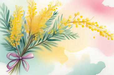 Fototapeta na wymiar Mimosa branch with ribbon painted in watercolor on a gentle background